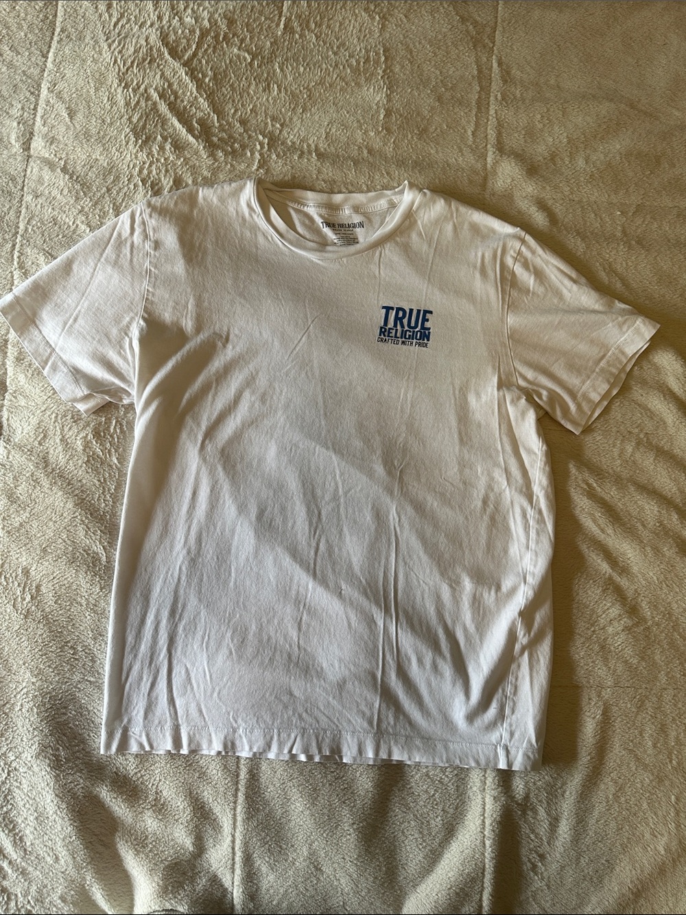 True Religion White T‑Shirt with Small Blue Chest Logo